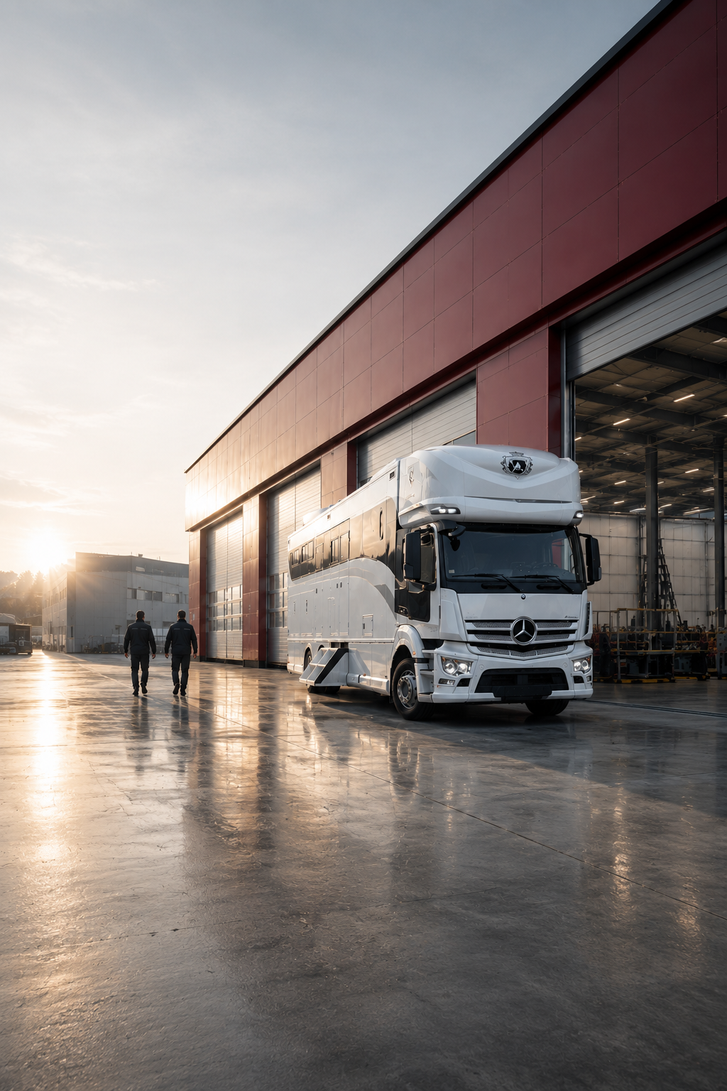 Nave de fabricación de Polycar Group en Puente Genil al amanecer, con un vehículo especial recién salido de taller.