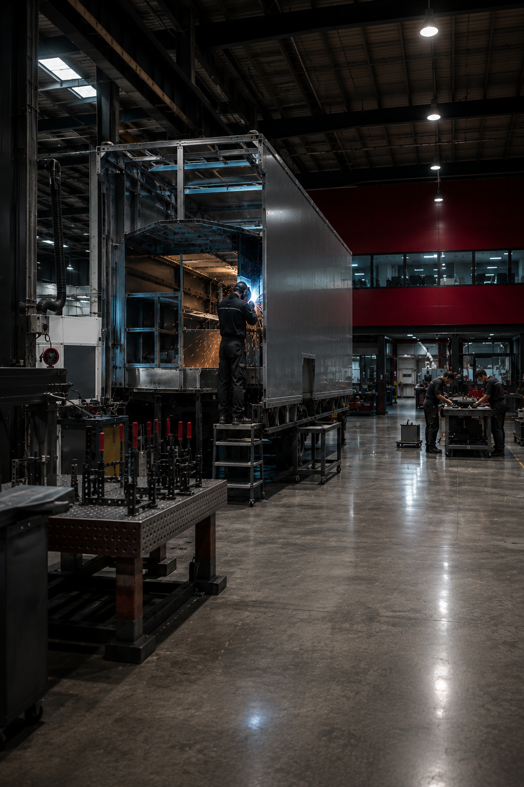 Operario soldando la estructura de un vehículo industrial en el taller de Polycar Group.